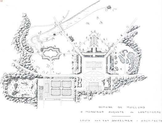 Belgi, 1916, Onbekend, Ontwerp eener moderne schoonheidsleer voor den tuinaanleg. Het domein van Maillard. Gedeelten der tuinen nabij het kasteel. De tuinkunstenaar heeft tot taak, met de door ons beschreven hulpmiddelen, een werk te maken, waarin de gang des levens zelf weerspiegeld wordt, en dat zich niet slechts aanpast aan het karakter van het omringende landschap, maar ook aan het karakter van het huis (indien dat tenminste karakter heeft). En hij bereikt zulks niet door kinderachtige nabootsing van dien stijl, maar door iets te maken, dat in karakter en uitdrukkingswijs bij het gebouw past