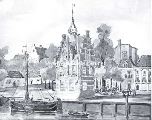 Overijssel, 1916, Kampen, Oud-Kampen aan den Ijsselkant. Het voormalige Tolhuis. Toestand na de verbouwing van 1795. Naar een teekening van den schrijver, ontleend aan een teekening van J.J. Fels