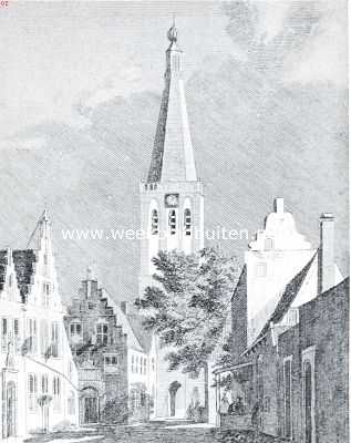 Noord-Holland, 1916, Medemblik, Medemblik de oudste. Gezicht in de Torenstraat op den kerktoren in den aanvang der 18de eeuw. Links het Weeshuis, daarachter het geveltje van de Munt. De poort onder den kerktoren is nog open