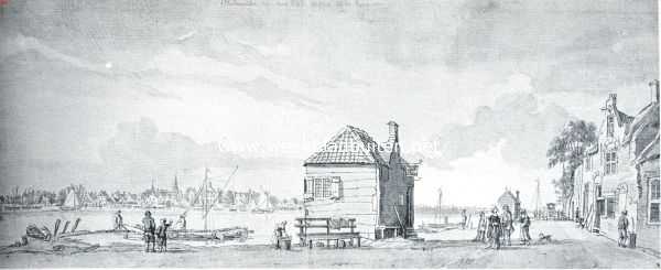 Zuid-Holland, 1916, Ijsselmonde, Het kasteel van Ijsselmonde. Ijsselmonde van het veer gezien, 22 Sept. 1750. Rechts van den kerktoren het kasteel. Naar een teekening van een onbekende, berustende op het Rotterdamsch Gemeente-archief