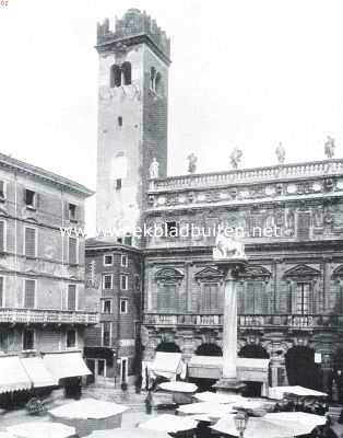 Itali, 1916, Verona, Palazzo Maffei op de Piazza d'Erbe te Verona. Voor het paleis ziet men de zuil met den leeuw van St. Marcus, het teeken der Venetiaansche Republiek, tot welke Verona behoorde. Den 22sten October is het 50 jaar geleden, dat Verona met Veneti bij het koninkrijk Itali werd gevoegd