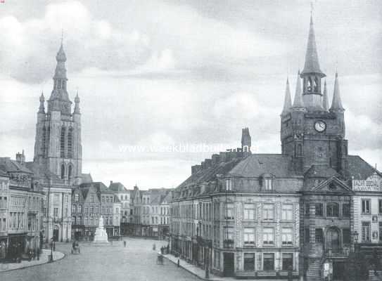 Belgi, 1916, Kortrijk, Twee Vlaamsche steden. Kortrijk, Groote Markt met St. Maartenstoren en Halle