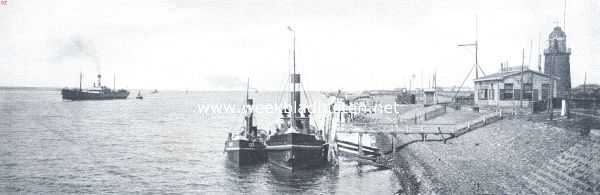 Zuid-Holland, 1916, Hoek van Holland, De Nieuwe Waterweg bij Hoek van Holland. Het is deze maand vijftig jaar geleden, dat de werkzaamheden tot doorgraving van de duinen aan den 