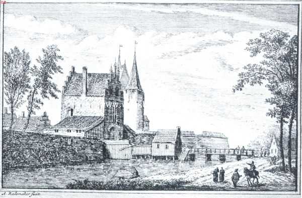 Noord-Holland, 1916, Hoorn, Hoorn, de zeshonderdjarige. De Noorderpoorten, gezien van het noordoosten. Links de nieuwe Noorderpoort, gebouwd in 1552, toen voor de oude poort (daarachter te zien) een ronddeel werd aangebracht en gesloopt in 1850