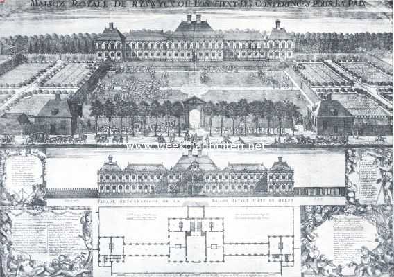 Het Huis ter Nieuwburg, bij Rijswijk tijdens de bespreking over den vrede in 1697. Naar een kopergravure van J.A. Rietkesler in het Rijksprentenkabinet