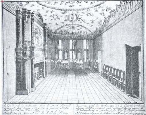 Het Huis ter Nieuwburg. Zalen in het Huis ter Nieuwburg tijdens de Vredesconferentie in 1697. Naar gravures van I. van Viane in het Rijksprentenkabinet 1