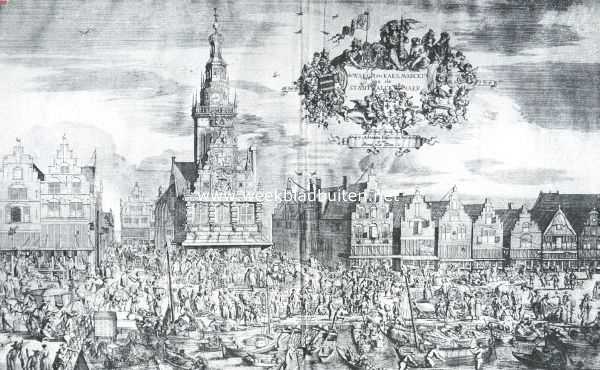 Onbekend, 1917, Onbekend, Waag en Kaasmarkt te Alkmaar, omstreeks 1675. Naar een gravure, toegeschreven aan Romein de Hooge, in het gemeente-museum te Alkmaar