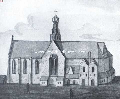 Onbekend, 1917, Onbekend, Waag en Kaasmarkt te Alkmaar. Het Heilige Geesthuis met drie aangebouwde huizen aan de Zuidzijde van het koor, omstreeks 1558. Naar een aquarel door C.W. Bruinvis, naar een schetsmatige teekening in het gemeente-archief te Alkmaar