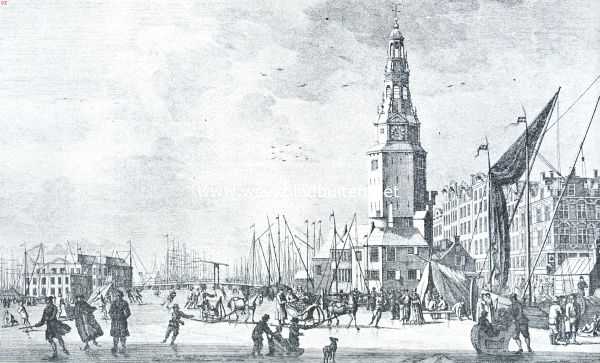 Noord-Holland, 1917, Amsterdam, De ijsvreugde. Oud-Hollandsch ijsvermaak aan den Y-kant bij de Martelaarsgracht. Naar de ets van H. Schoute