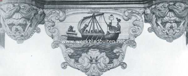 Zuid-Holland, 1917, Maassluis, Hervormde Renaissancekerken in Nederland, als zelfstandig bouwwerk gesticht. Gedeelte van een der borden in de kerk te Maassluis met voorstelling van een Viking-schip