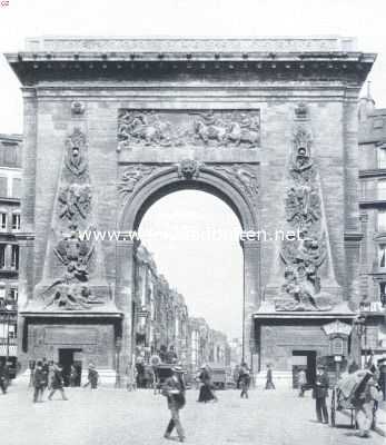 Frankrijk, 1917, Parijs, Triomfen en Triomfbogen. Triomfboog te Parijs, in 1672 opgericht voor Lodewijk XIV, op de plaats van de oude Porte Saint-Denis, ter herinnering aan den veldtocht in de Nederlanden, waarop de afbeeldingen op het bouwwerk ook betrekking hebben