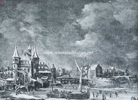 Amsterdamsche poorten. De oude Binnen-Regulierspoort (gebouwd omstreeks 1482 en in 1618 door brand verwoest), gezien van het zuiden. Naar de schilderij door Anthonie Beerstraten in het Rijksmuseum