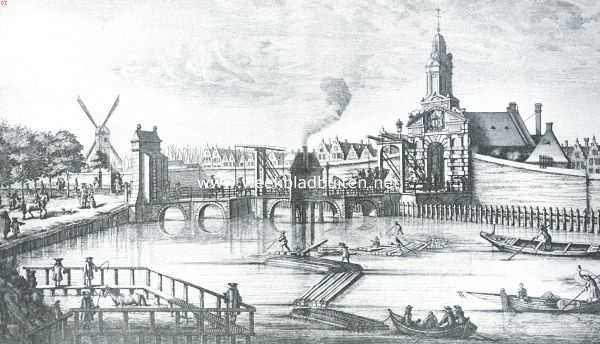 Amsterdamsche poorten. De Oude Haarlemmerpoort, (gebouwd 1615-1618, gesloopt in 1837), in de zeventiende eeuw. Naar de gravure uit Commelin