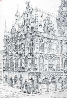 Belgi, 1917, Oudenaarde, Het Raadhuis te Oudenaarde. Westelijke zijgevel met hoofdingang en fragment van den voorgevel
