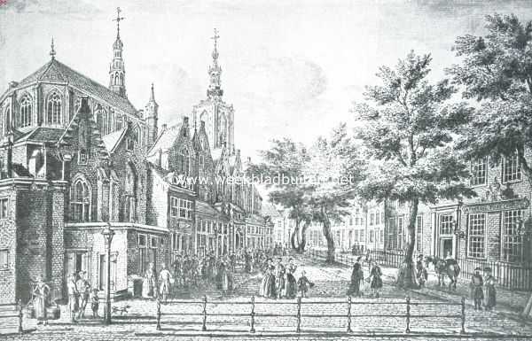 Zuid-Holland, 1917, Den Haag, St. Jacob zonder slaapmuts. Gezicht op de Riviervischmarkt met de Groote Kerk te 's Gravenhage vr de vervanging der torenspits. Naar de teekening van Paulus Lafargue
