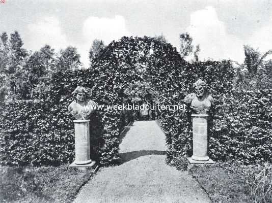 Zuid-Holland, 1917, Delft, Van weiland tot tuin. Beukenhaag, welke den bloementuin omgeeft, met beelden