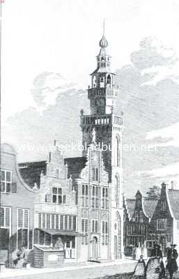 Monnikendam. De Speeltoren in het begin der achttiende eeuw. Links van den toren het voormalige Stadhuis