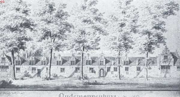 Monnikendam. Het Oude Mannenhuis eenige jaren voor de slooping. Naar de teekening van C. Pronk (1728)