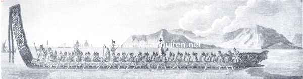 Nieuw-Zeeland, 1918, Onbekend, Maori-kunst. Oorlogsprauw der Maori's. Naar de afbeelding in James Cook's door I. D. Pasteur in het Nederlandsch vertaalde werk:  