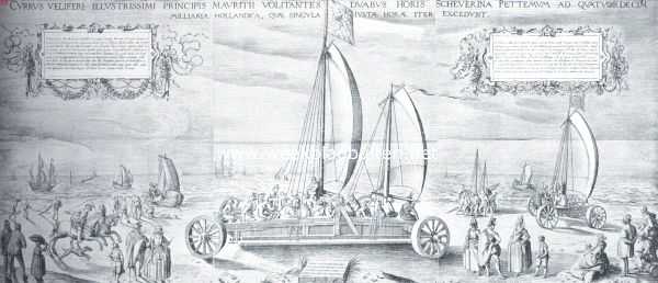 Noord-Holland, 1918, Petten, De zeilwagen van Prince Mouringh op het strand bij Petten. Naar den in 1652 verschenen laatsten (tweeden of derden druk) van een zeer zeldzame plaat, echter niet vr 1612 voor het eerst verschenen