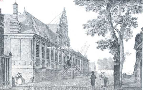 Gebouwen der O.-I. Compagnie. Het voormalig Oost-Indische Huis aan den Wierdijk te Enkhuizen, gebouwd in 1630 en verbrand in 1816. Naar een tekening ten Stadhuize