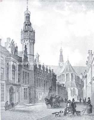 Het Stadhuis te Alkmaar. De Langestraat met Stadhuis vr de vervanging van de aardige torenspits door eene in namaak-Gotischen stijl. Naar een teekening van L. Rohbock