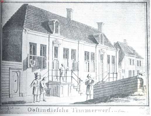 Noord-Holland, 1918, Hoorn, De gebouwen der O.-I. Compagnie. Huizen voor den equipagemeester en den meester scheepstimmerman bij den O.-I. werf te Hoorn. De werf en alle daarbij behoorende huizen zijn spoorloos verdwenen. Naar de teekening van C. Pronk