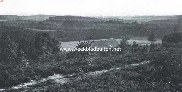 Gelderland, 1918, Velp, Beekhuizen als bergland. Uitzicht van den Zypenberg in de richting van Velp, waarvan het torentje aan den horizon boven het midden van de schuur uitkomt. De boomerij achter het eerste dennenbosch wijst de beek aan; daarachter de tusschenrug, weer daarachter de Ijsselrug, en aan den horizon den Ijsselvlakte
