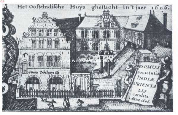 Noord-Holland, 1918, Amsterdam, De gebouwen der O.-I. Compagnie. Het Oost-Indische Huis te Amsterdam in de eerste helft der zeventiende eeuw. Naar de prent van Jan Claesz. Visscher