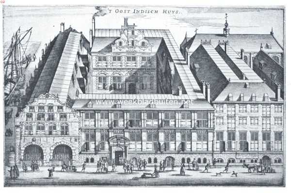 Noord-Holland, 1918, Amsterdam, De gebouwen der O.-I. Compagnie. Het Oost-Indische Huis te Amsterdam, Hoogstraat-zijde, in de tweede helft der zeventiende eeuw. In dezen toestand is het gebouwen-complex gebleven tot de verbouwing van het 