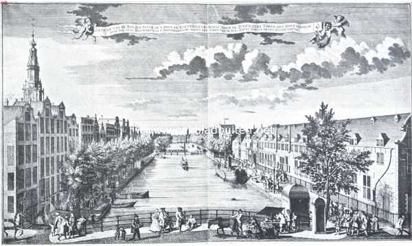 De gebouwen der O.-I. Compagnie. De Kloveniersburgwal met (rechts) het Oost-Indisch Huis, in het begin der achttiende eeuw. Naar de gravure, uitgegeven door De Leth