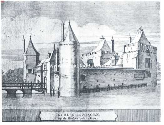 Noord-Holland, 1918, Schagen, Het slot te Schagen in de 17de eeuw, gezien van het Noordwesten. Naar de ets van J. Spilman