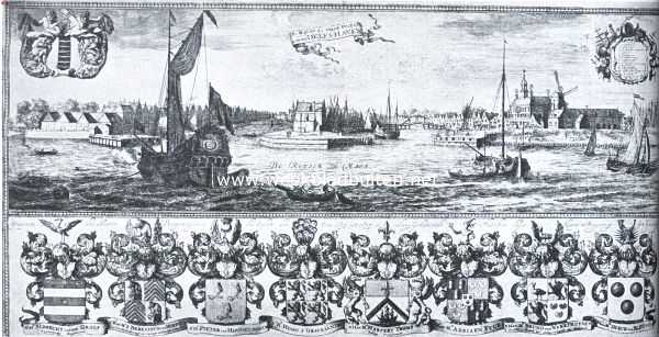 De haven der stadt Delft, genaemt Delfshaven, in 1675. Het gebouw rechts met het torentje, bij den molen, is het zeemagazijn van de kamer Delft der O.-I. Compagnie
