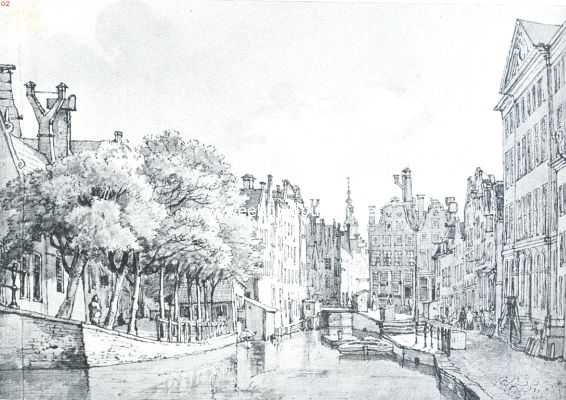 Noord-Holland, 1918, Amsterdam, Grachtenschoon. Het Spui, gezien naar de Kalverstaart, omstreeks 1817. Naar de teekening in O.-I. inkt en sepia van G. Lammers (Stedelijk archief)