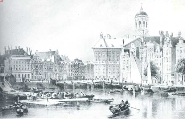 Grachtenschoon. Het Damrak bij den Dam omstreeks 1850. Naar de staalgravure van H. van Hove Bzn. (Stedelijk archief)