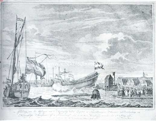 Het te water laten van een schip van de werf der O.-I. Compagnie te Rotterdam in 1768. Naar een gravure in het Gemeentearchief te Rotterdam
