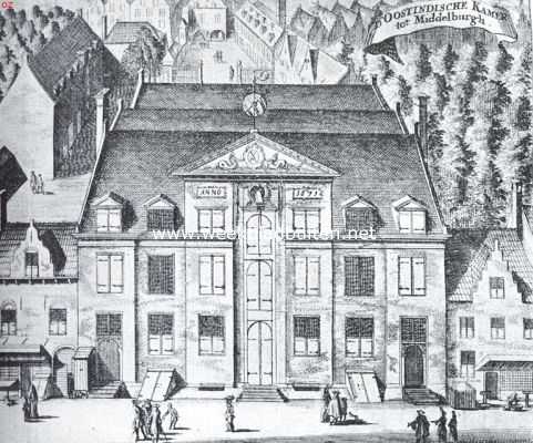 Het complex der O.-I. gebouwen te Middelburg, van de Breestraat gezien, omstreeks 1671. Naar de prent in Smallegange's kroniek