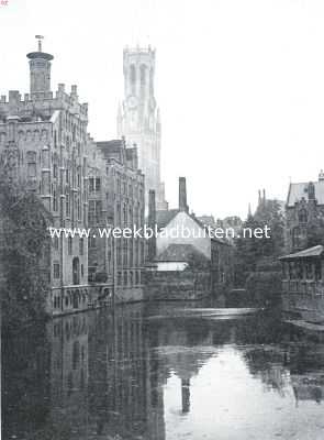 Belgi, 1918, Brugge, In de hoofdstad van bevrijd West-Vlaanderen. De Rozenhoedkaai en de Halletoren te Brugge
