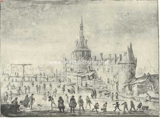 Zuid-Holland, 1918, Leiden, De poorten van Leiden. De Oude Rijnsburgsche- of Blauwpoort, gebouwd 1603, gesloopt 1735. Naar de teekening van E. van de Velde in het gemeentearchief