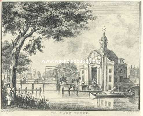 Zuid-Holland, 1918, Leiden, De poorten van Leiden. De (Derde) Marepoort; gebouwd in 1664, gesloopt in 1864. Naar de gravure in Van Mieris kroniek