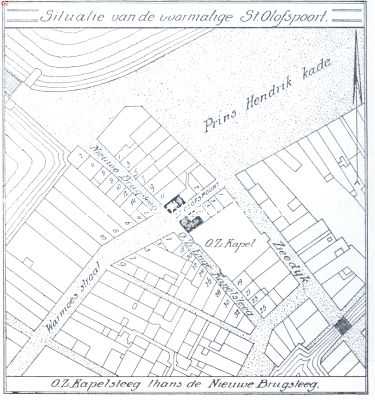 Situatie van de voormalige St. Olofspoort. O.Z. Kapelsteeg thans Nieuwe Brugsteeg