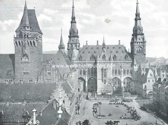 Duitsland, 1918, Aken, Gezicht op de achterzijde van de gerstaureerde stadhuisgebouwen te Aken, die in 1353 werden opgetrokken op de bouwvallen van het keizerlijk paleis, in 778 door Karel den Groote gesticht