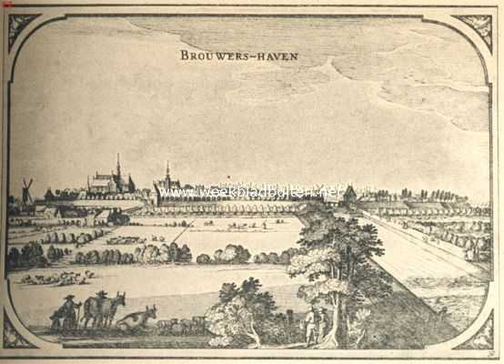 Zeeland, 1919, Brouwershaven, Brouwershaven. Gezicht op Brouwershaven omstreeks 1700, met het Stadhuis in zijn oude gedaante. Uit 