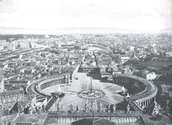 Pleinen en monumenten van Rome. Het St. Pietersplein met panorama van Rome, gezien van den St. Pieterskoepel