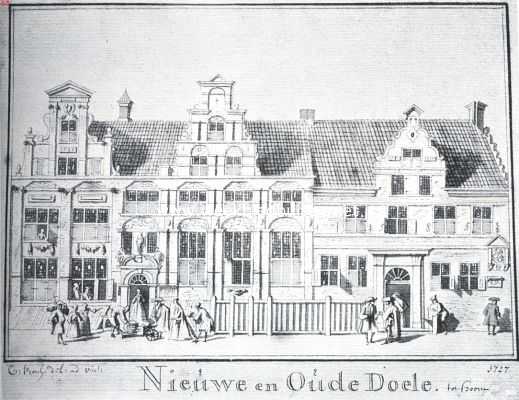 Noord-Holland, 1920, Hoorn, De Doelen te Hoorn. De Nieuwe (links) en Oude Doelen (rechts) te Hoorn in hun oude pracht. Naar de teekening van C. Pronk