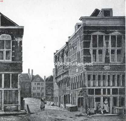 Zuid-Holland, 1920, Dordrecht, Dordrecht. Kijkje in Oud-Dordrecht bij de Nieuwbrug. Rechts de huizen Samson en het Cruys, in 1847 gesloopt voor de verbreeding van den toegang tot de Nieuwbrug. In het Huis Samson woonde van 1623-1658 de schilder Albert Cuyp