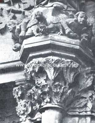 Duitsland, 1921, Marburg, De parel van 't Hessenland. De ondersteuningsokkel van het Mariabeeld aan den hoofdingang van de St. Elisabethskerk