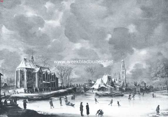 Zuid-Holland, 1921, Nieuwkoop, Gezicht op Nieuwkoop, met links, de in 1821 afgebroken kerk. Naar de schilderij van J. Beerstraten in 't bezit van den heer A.W. Mensing