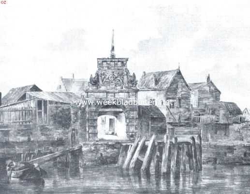 Dordrecht's stadspoorten. Het Nieuwe- of Melkpoortje, afgebroken in 1833. Naar de teekening in kleuren van C.L.W. Dreibholtz in het gemeentearchief te Dordrecht