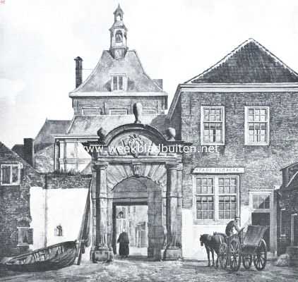 Dordrecht's stadspoorten. De Rietdijksche poort, buitenzijde, gesloopt in 1832-'33. Naar een teekening in het gemeentearchief te Dordrecht